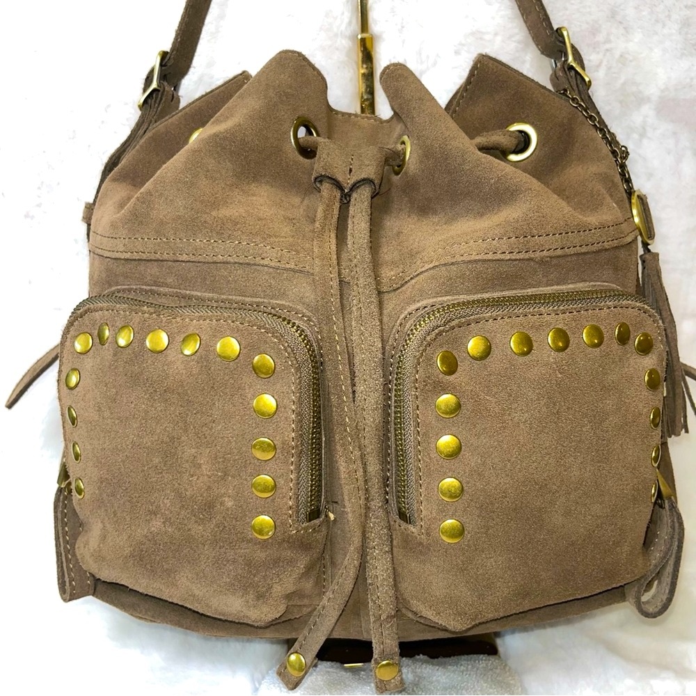 Crown Vintage Suede Drawstring Satchel Handbag. Brown with Gold Stud Accents
